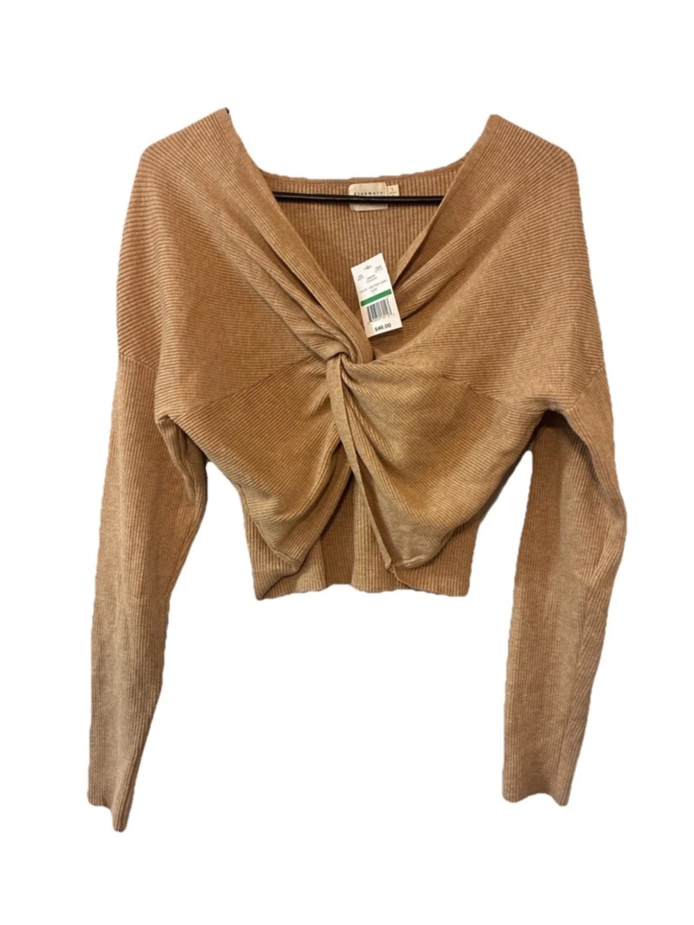 Dreamers Debut Twist Front Crop Top Large NWT Ribbed Knit Camel Long Sleeve